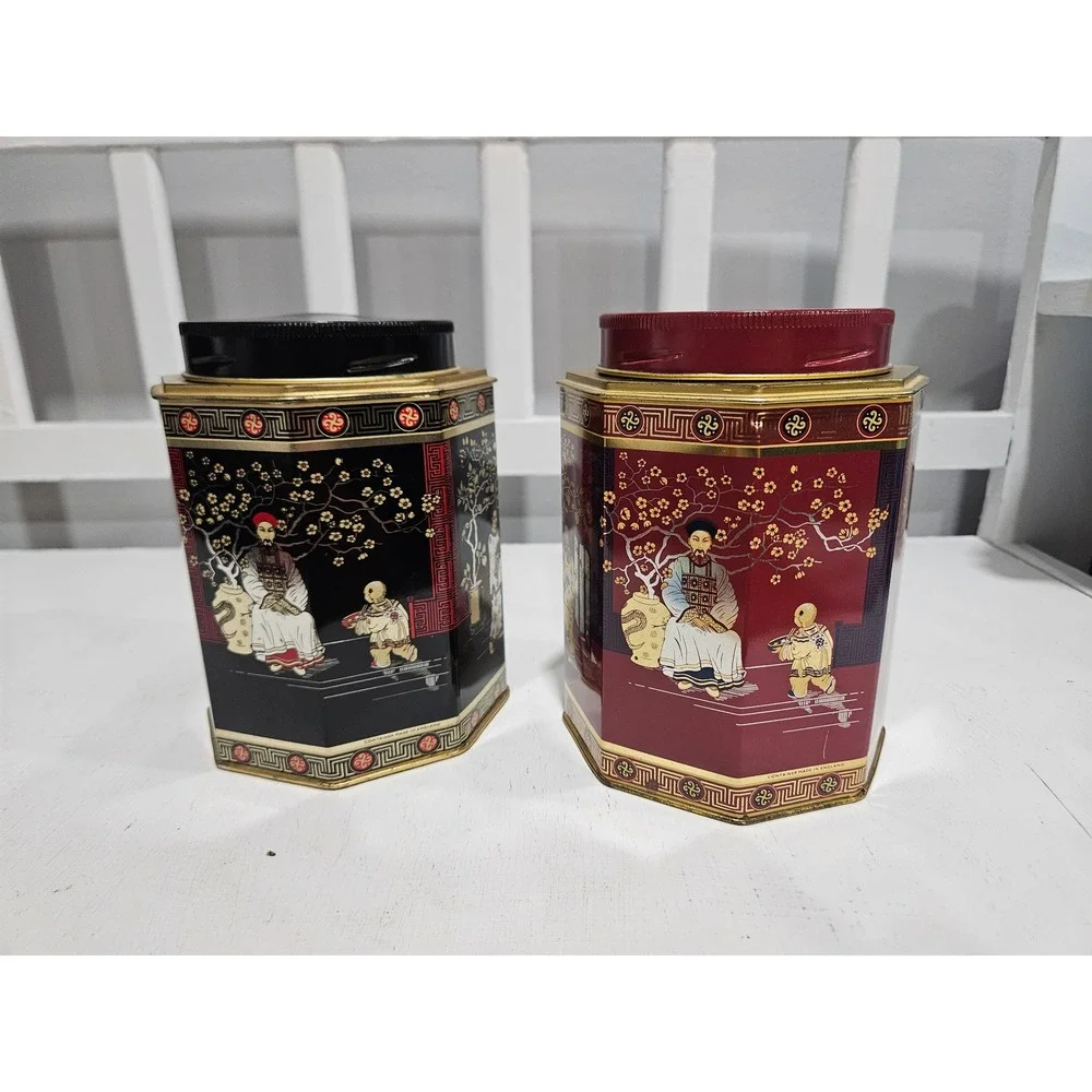 Vtg 1960s Chinoiserie Octagonal Tea Tin Set, Oriental Style Made in England